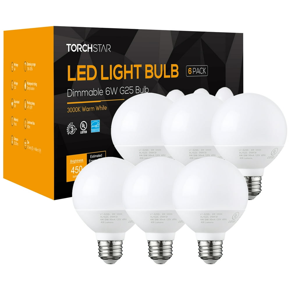 6 Pack G25 Globe LED Light Bulb, 6W (40W Equiv.), 3000K Warm White,E26