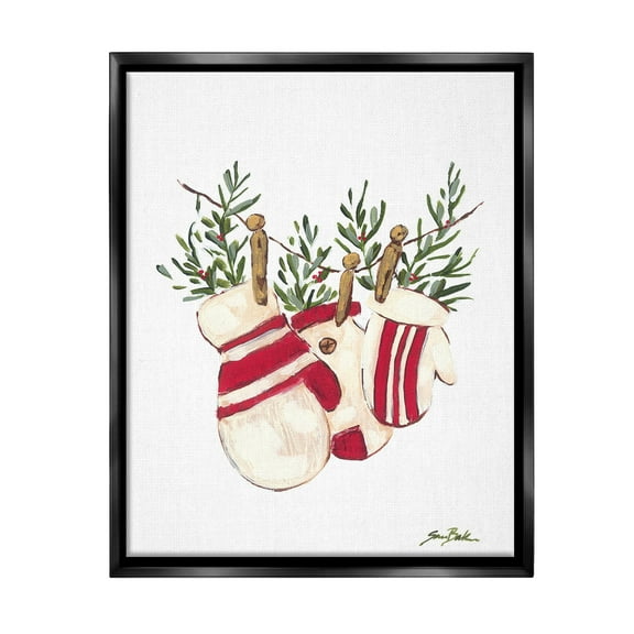 Stupell Industries Winter Mittens on Clothesline Holiday Painting Black Floater Framed Canvas Art Print Wall Art, 17 x 21