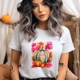 thumbnail image 2 of Colorful Pumpkin with Flowers Tee | Unisex Autumn Graphic Shirt, Dark Heather, Size M, 2 of 6