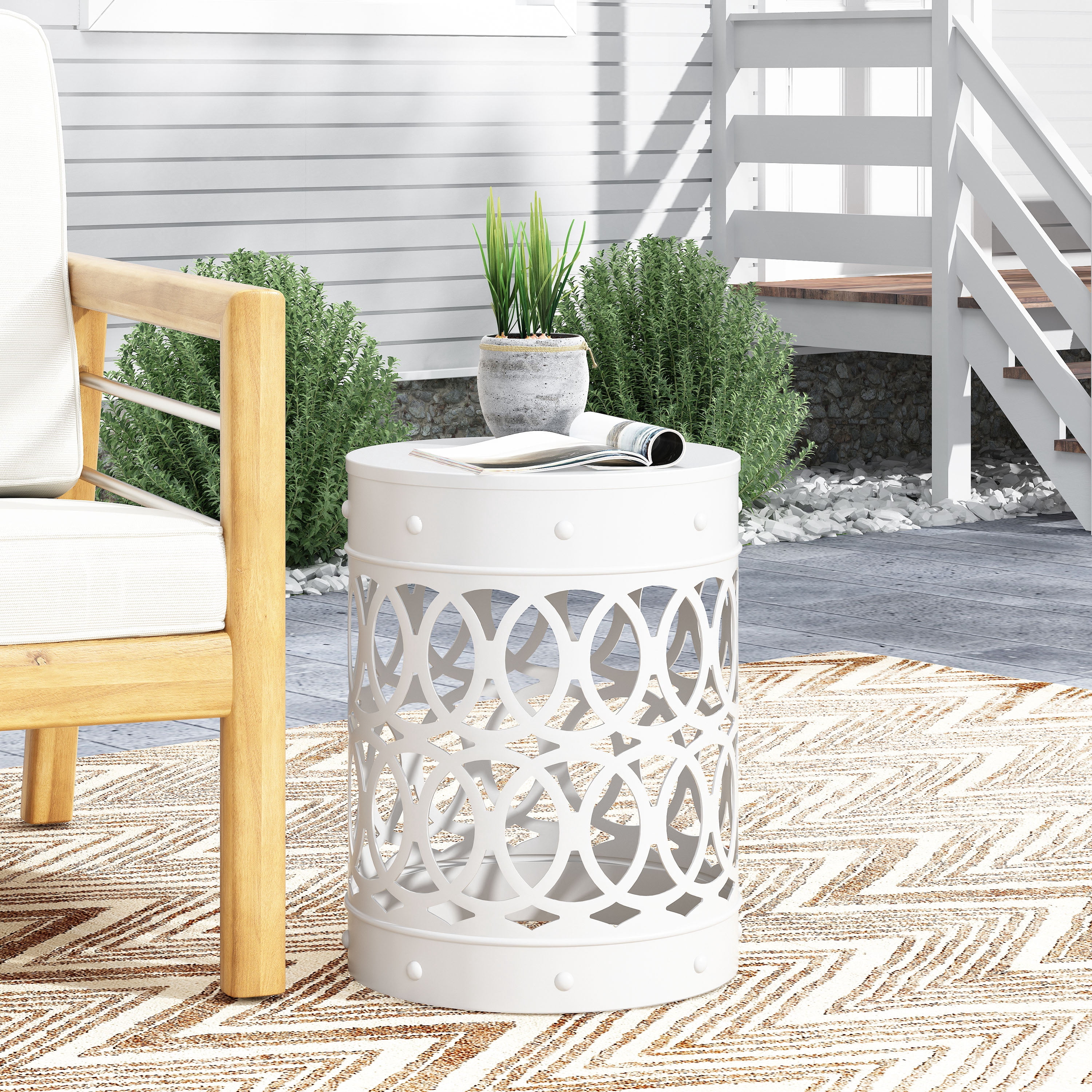 Outdoor Large Cylindrical Side Table, Overlapping Circle Pattern Metal Tabletop for Patio Garden, White