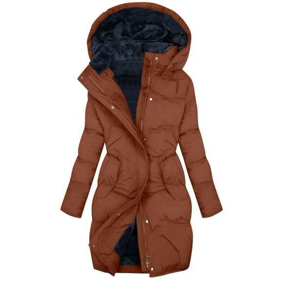 Fmbrln Womens Plus Size Long Winter Puffer Jackets Full Zip Up Waterproof Quilted Jackets Fashion Thickened Fleece Warm Hooded Down Coat with Pockets