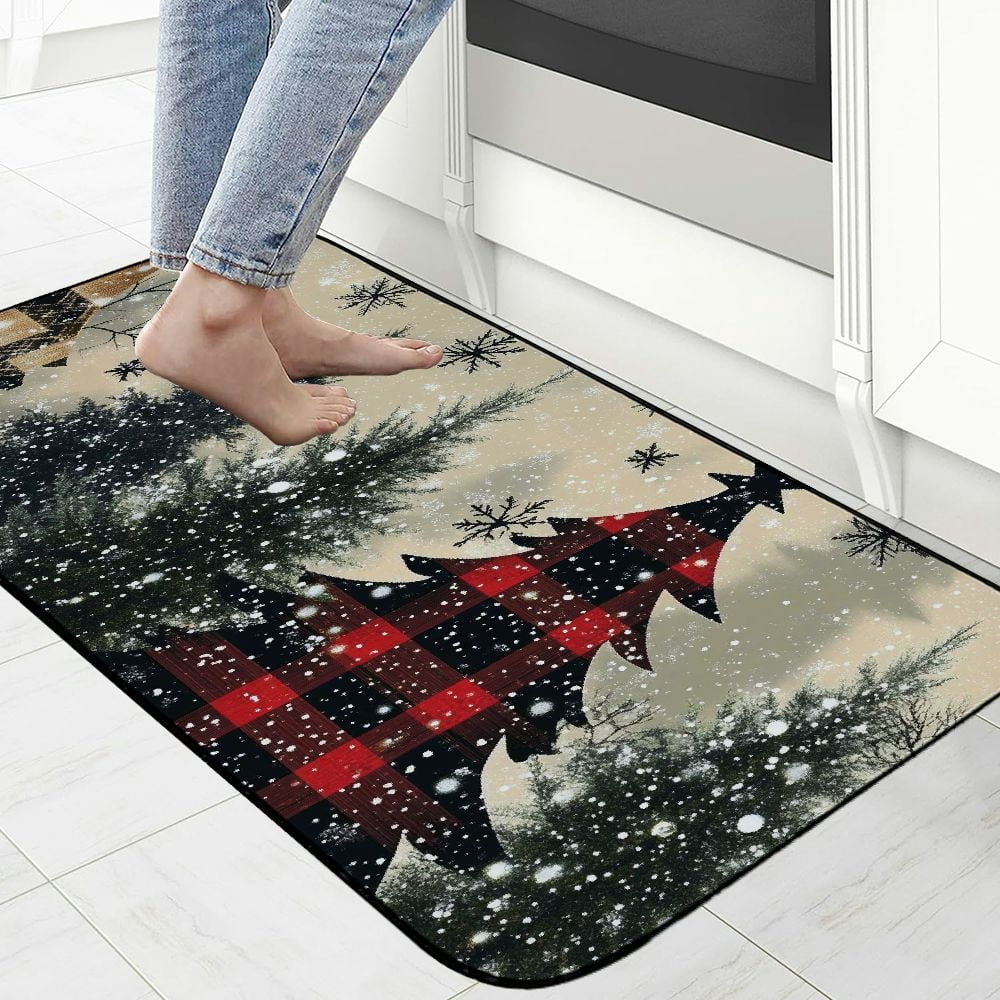 Heduofu Buffalo Plaid Xmas Pine Tree Kitchen Mat for Floor, Anti Fatigue Winter Snowflake Decor, Non Slip Kitchen Floor Mat