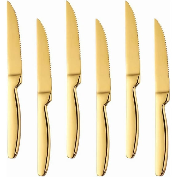 Stainless Steel Serrated Steak Knife Set of 6, BuyGo Gold Color Heavy Duty Dinner Table Knives for Cutting Meat, Beef, 8.6 Inch, Dishwasher Safe