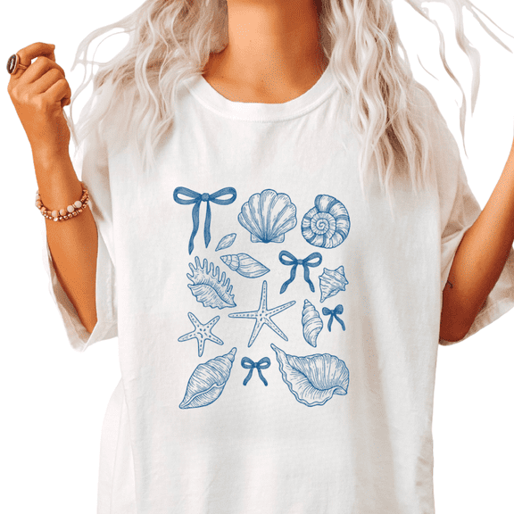 Blue Line Art Seashell Bow Print Tshirt White S-5XL Delicate Coastal Graphic Tees Shirts Tops