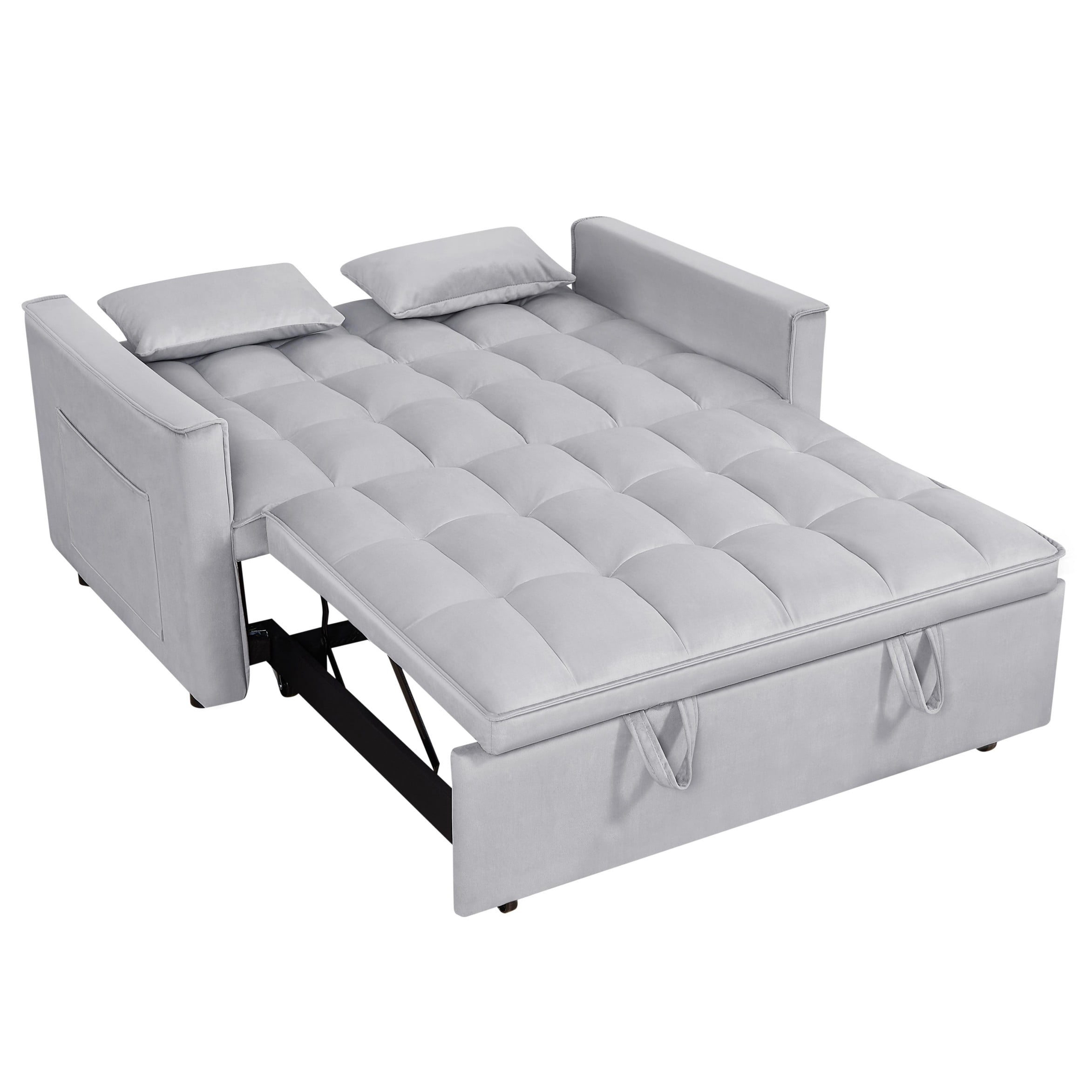 BSHTI 54" Pull-Out Sleeper Sofa Bed – Twin Size with 3 in 1 Convertible Sofa Bed, with Adjustable Backrest, Velvet Upholstery, Side Pocket Storage, Easy Assembly,Light Grey
