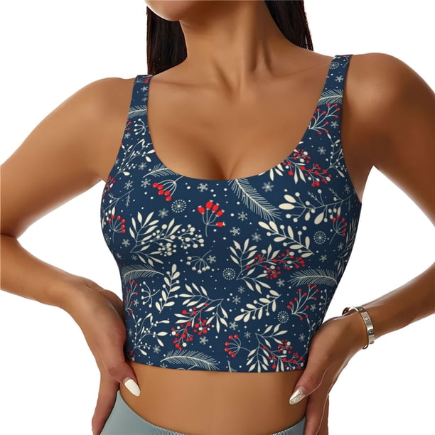 Fotbe Merry Christmas Winter Leaves Snowflakes Sujetador Deportivo Largo sin Aros para Mujer con Almohadillas y Soporte Medio, Transpirable y Absorbente, Camiseta Tipo Chaleco o Tank Top-Large