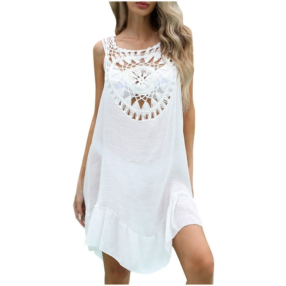 Besolor Women's Crochet Swimsuit Cover up Patchwork Hollow out Ruffle Bathing Suit Swimwear Sleeveless Beach Dress