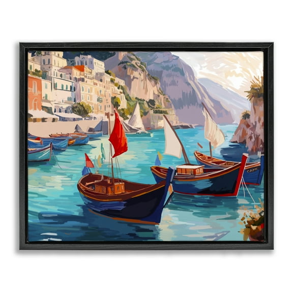 Stupell Industries Capri Boat Marina View Nautical & Beach Painting Black Floater Framed Canvas Art Print Wall Art, 21 x 17