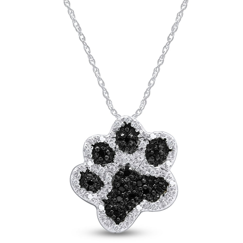 Jewel Zone US 0.1 Ct Black & White Diamond Dog Paw Pendant Necklace in 14k White Gold Over