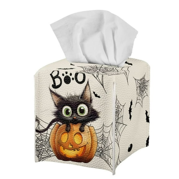 Psesaysky Square Tissue Box Cover PU Leather, Kawaii Cat Pumpkin Waterproof Car Tissue Holder Storage for Bathroom Vanity, Countertops, Dressers, Night Stand, Parlors and Offices