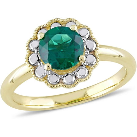 Tangelo 1 Carat T.G.W. Created Emerald 10kt Yellow Gold Flower Cocktail Ring