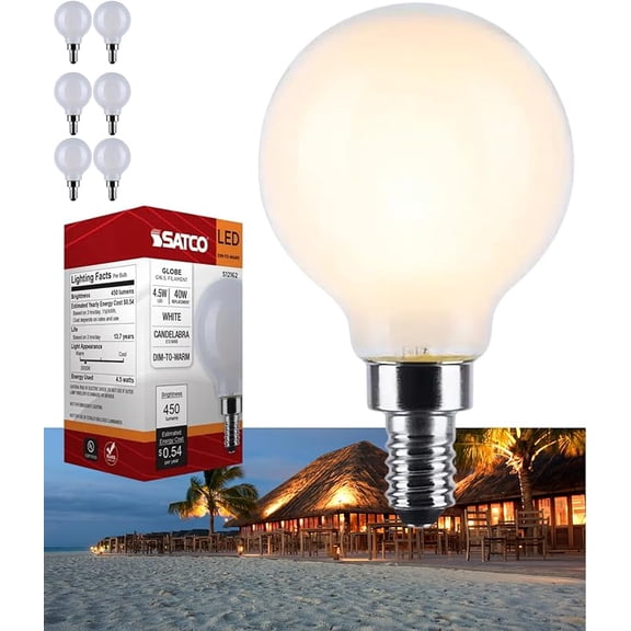 Satco S12162 G16.5 Globe LED Filament Light Bulbs 4.5W 120V 3000K 90 CRI E12 Candelabra Base Frosted Dimmable WET Location (6 Pack)