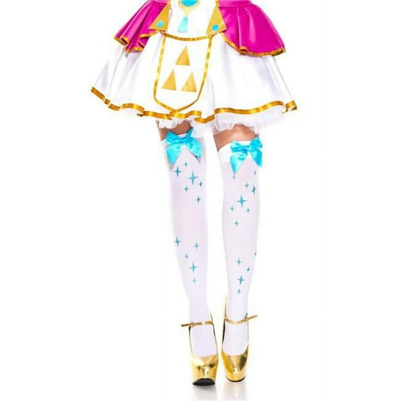 Music Legs Women's 4664-WHITE-TUR Star Print with Satin Bow Thigh High Stockings, White & Turquoise