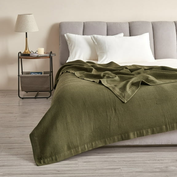 Great Bay Home 100% Cotton Soft All-Season Waffle Weave Knit Blanket  (Twin, Olive Green)