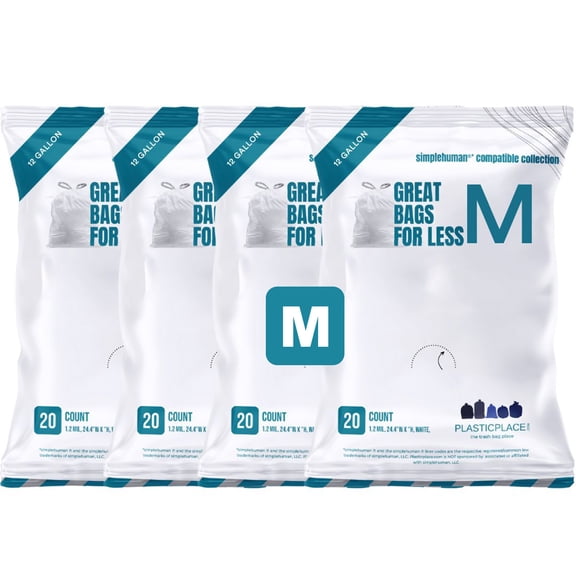 Plasticplace Trash Bags Compatible with simplehuman Code M Packs, White Drawstring Garbage Liners 12 Gallon / 45 Liter, 21" x 30.5" (20 Count/5 Pack)