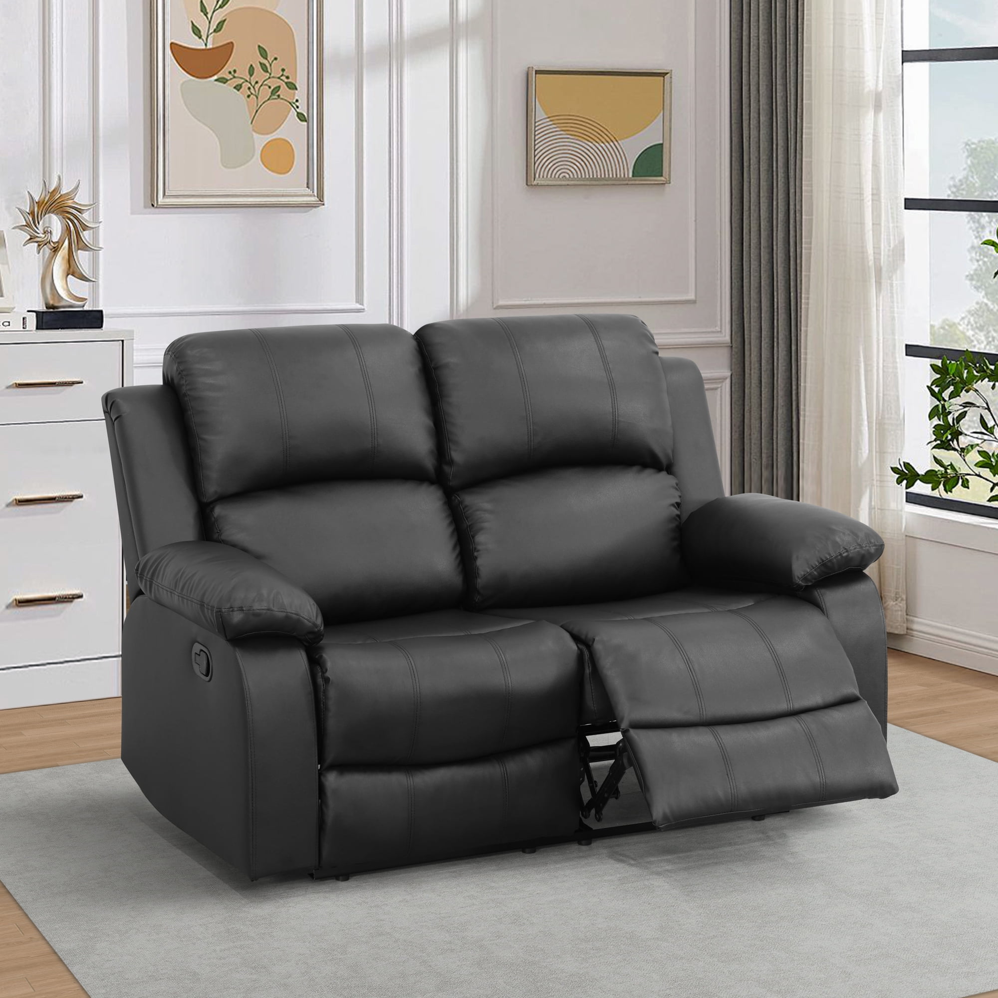 Gewnee Loveseat Adjustable Multifunctional Recliner Solid Wood Frame Air Leather Upholstery Living Room Black