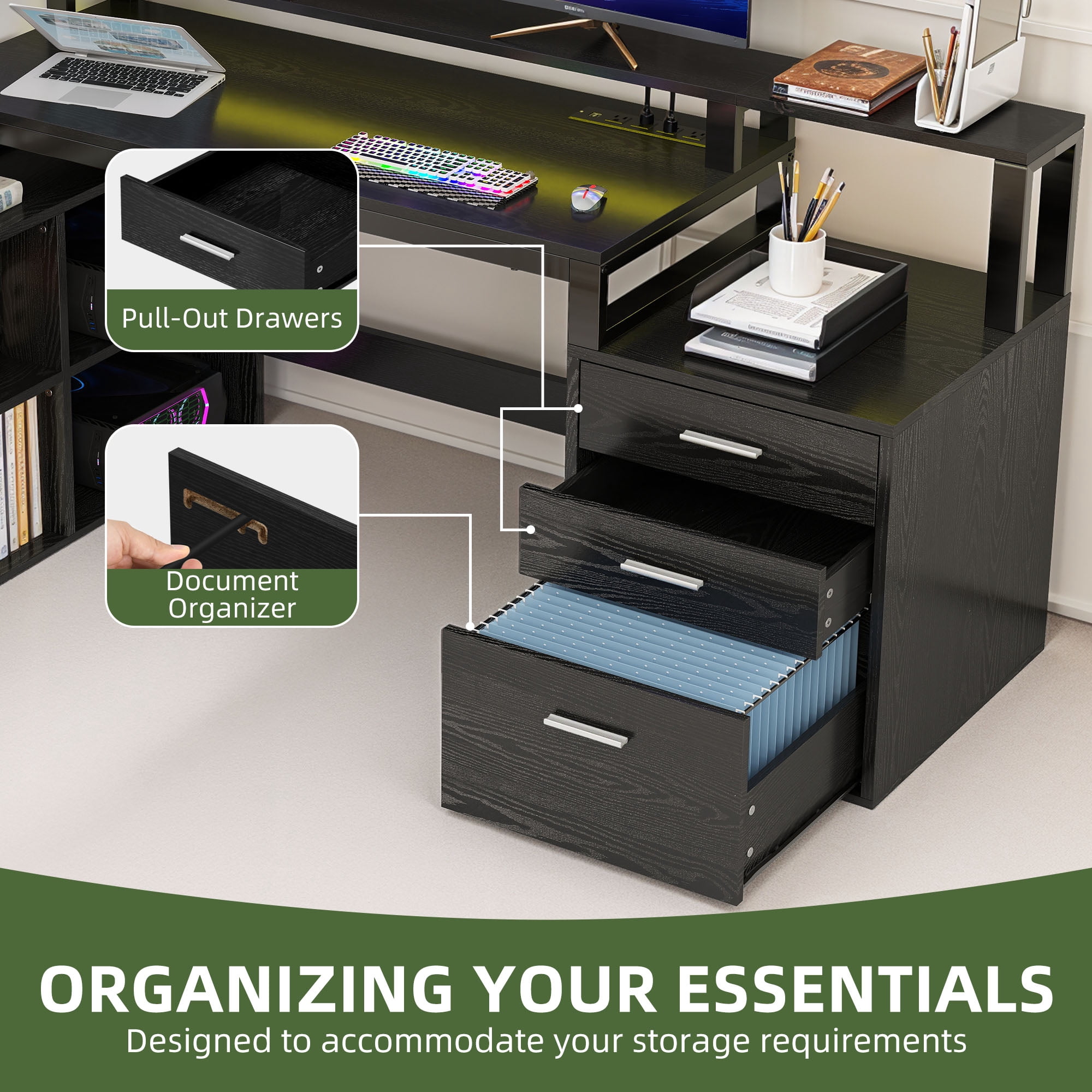 Uforic Computer Desk with LED Light, 65" L Shaped Desk with Shelves &Drawers, Home Office Desk, Black