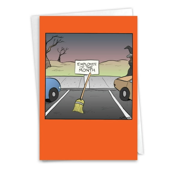 NobleWorks Funny Halloween Paper Card with 5 x 7 Inch Envelope (1 Card) Broom Parking C10154HWG