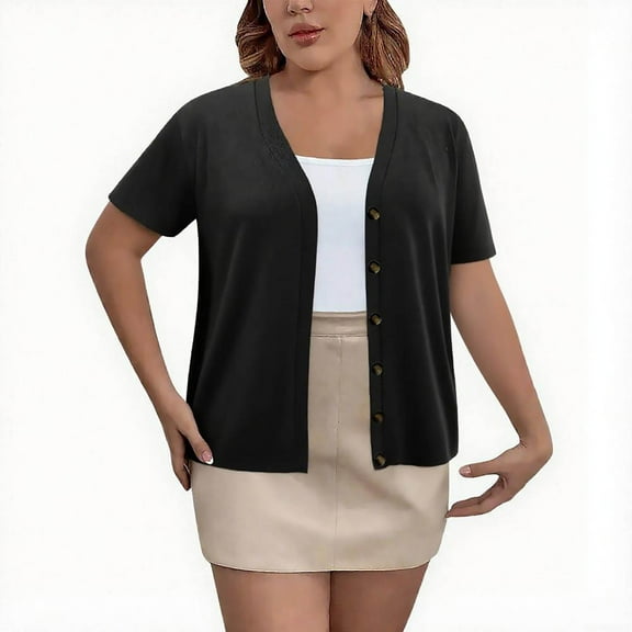 Hanen ‌Plus Size Cardigan for Women - Lightweight Short Sleeve V Neck Button Down Cropped Sweater, Slightly Elastic Open Front Crochet Knit Bolero Shrug, Casual Basic Cardigan Tops