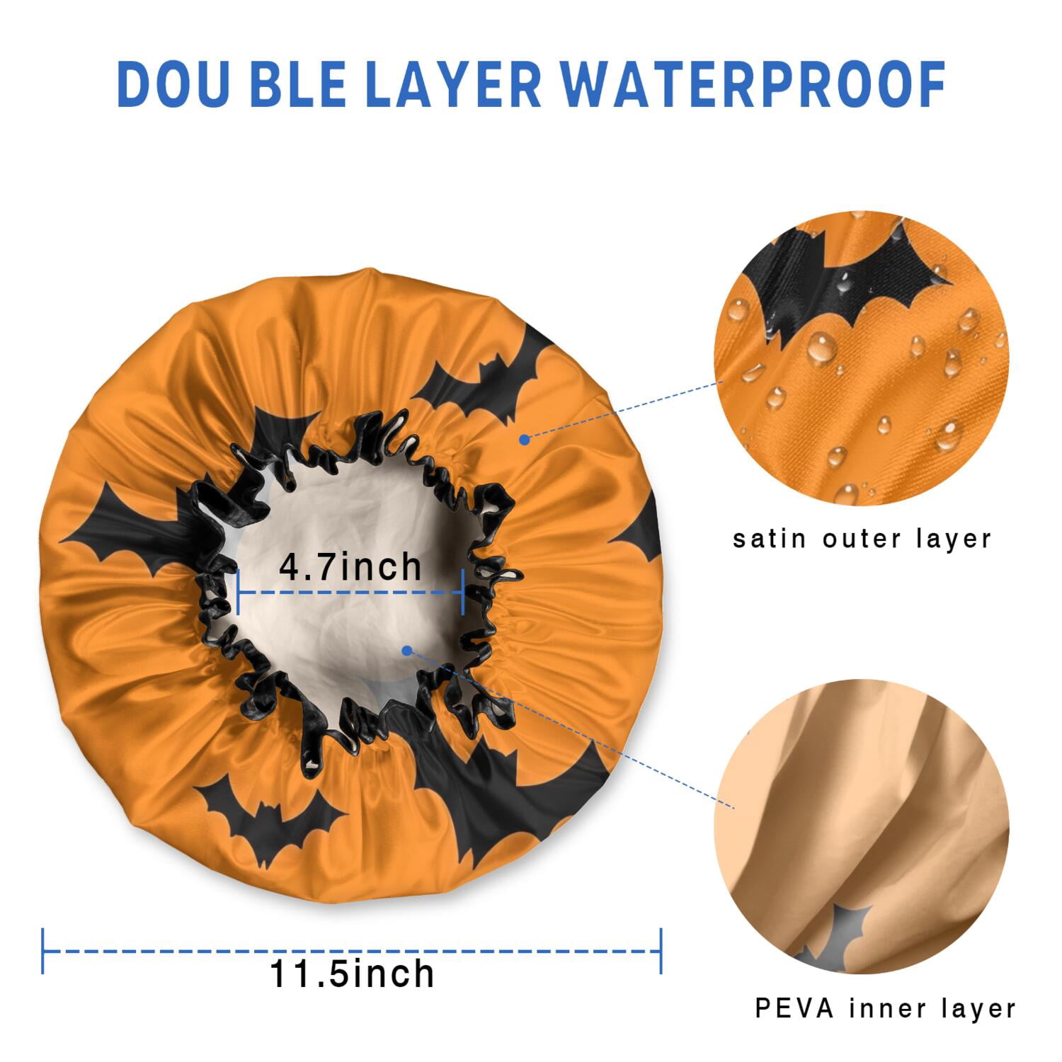 Shower Caps,Orange Halloween Bats Waterproof Shower Cap for Women 4 Pieces,Double Reusable Hair Cover for Shower PEVA Elastic Stretch Hem