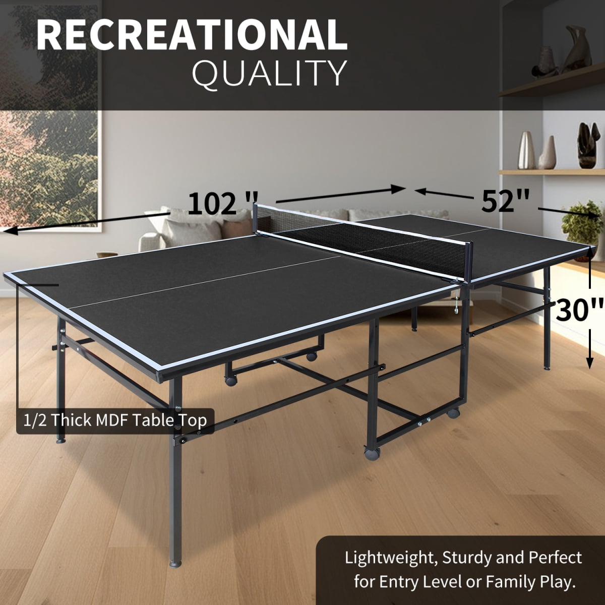 LuckyNote 8.5x4.3ft Portable Table Tennis Table, Mid‑Size Ping Pong Set with Net, 2 Rackets & 3 Balls, Foldable for Office or Apartment, Black