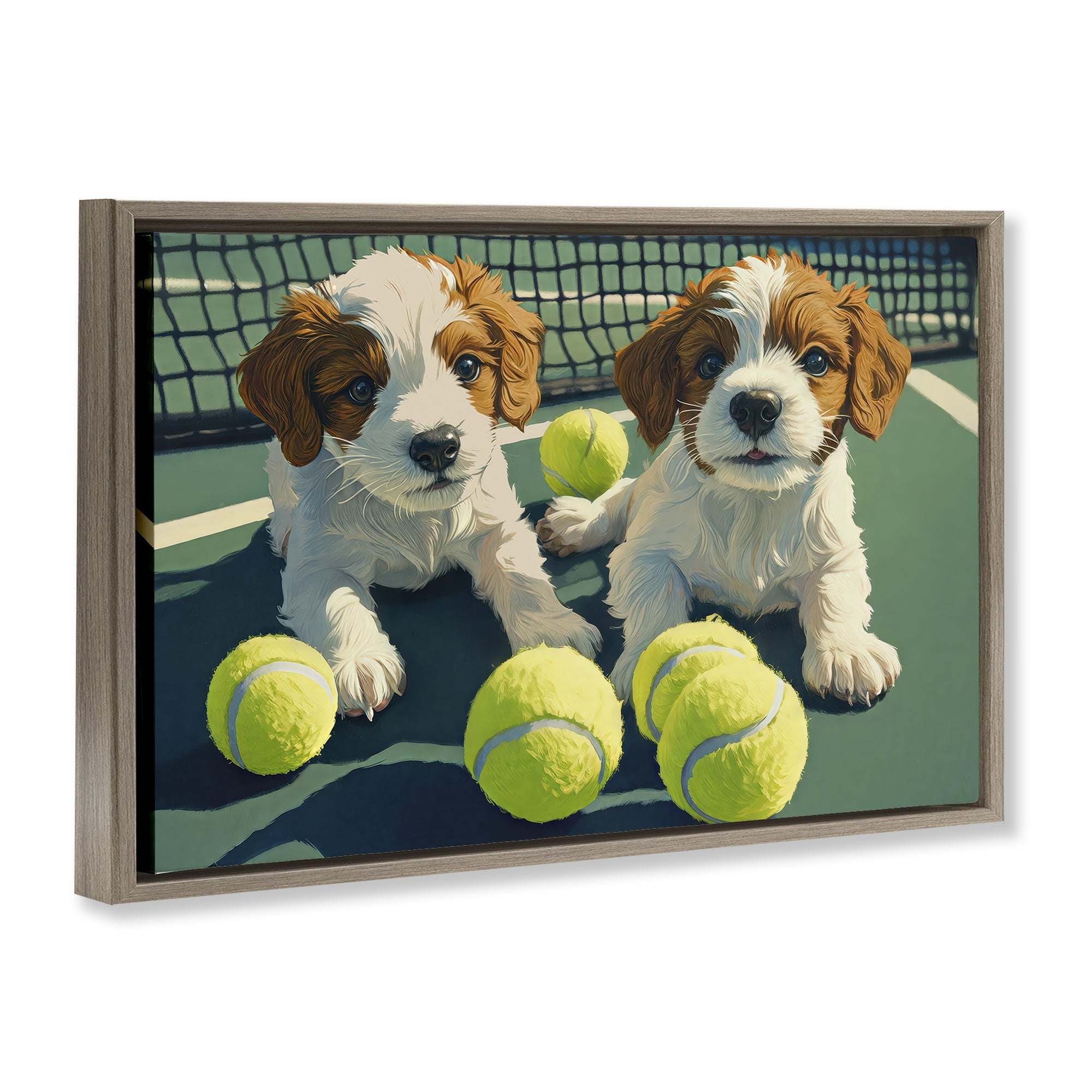 Stupell Industries Playful Puppies with Tennis Balls Brown Framed Floater Canvas Wall Art, design by Imagine It Images