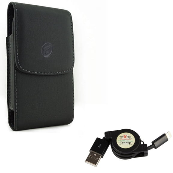 Leather Case Belt Clip w Retractable USB Cable for iPhone XS Max/8 PLUS/7 Plus/6S Plus/6 Plus - Holster Cover Pouch Vertical Carry and Charger Power Cord Sync Wire