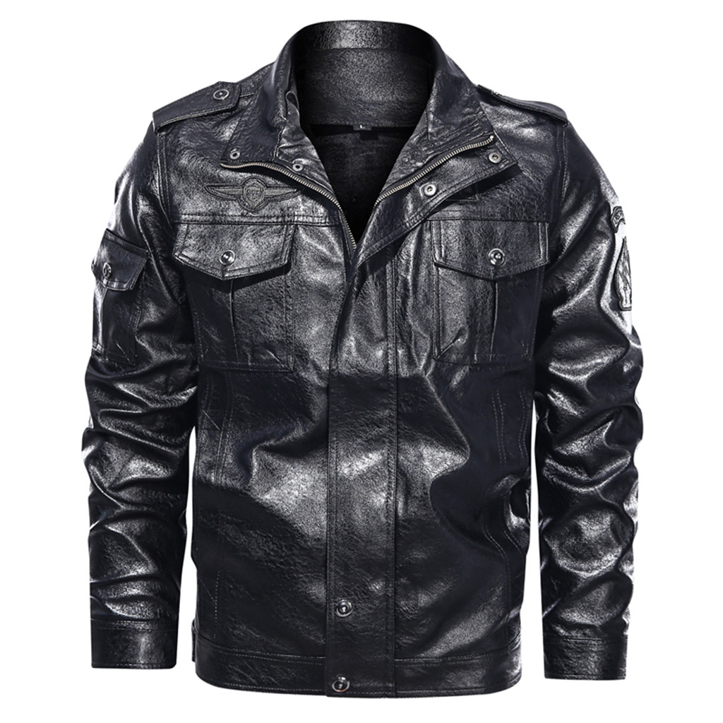 Mens Fashion Jacket Pure Color Zipper Stand Collar Imitation