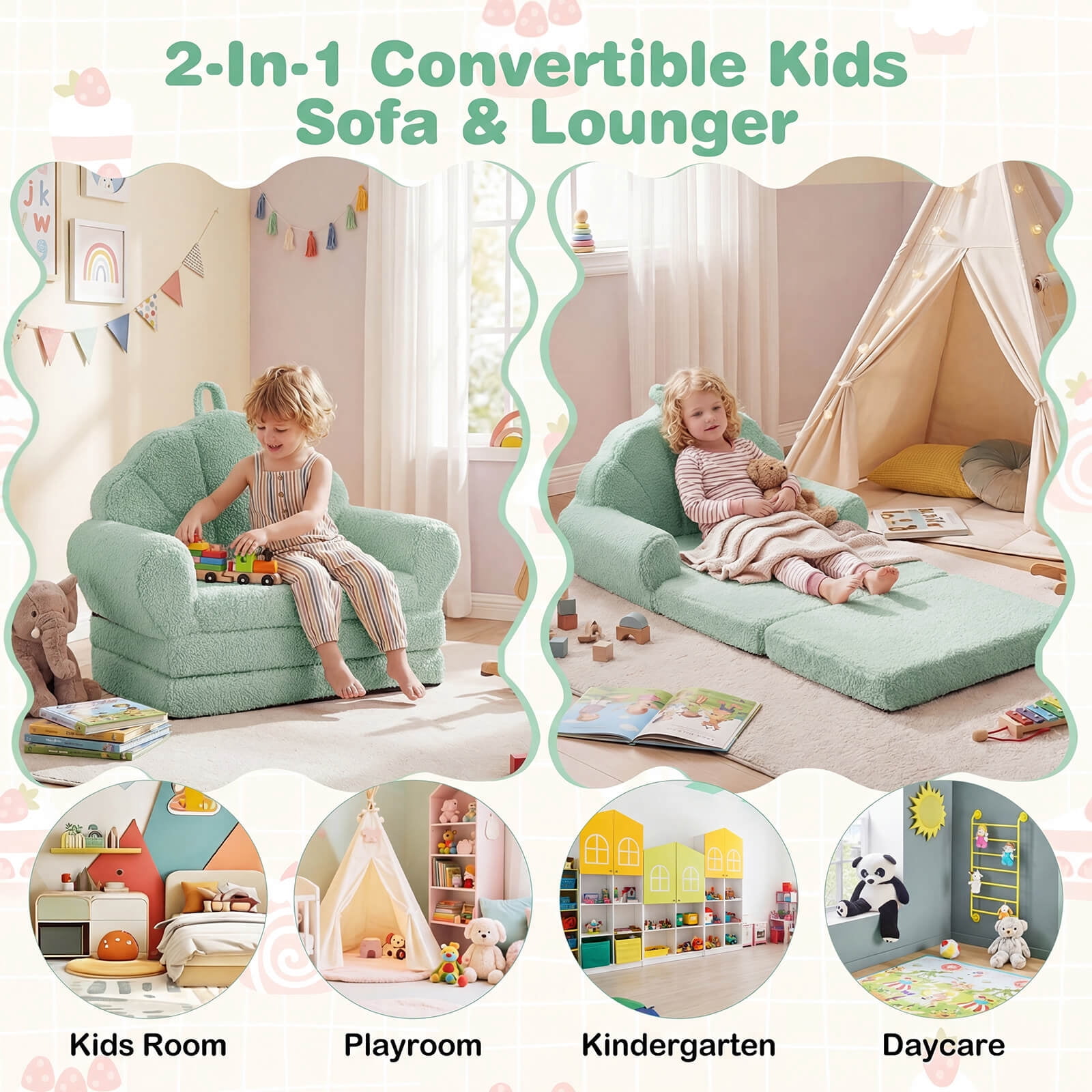 Infans Fold-out Kids Sofa 2-in-1 Convertible Toddler Couch & Lounger with Non-slip Base
