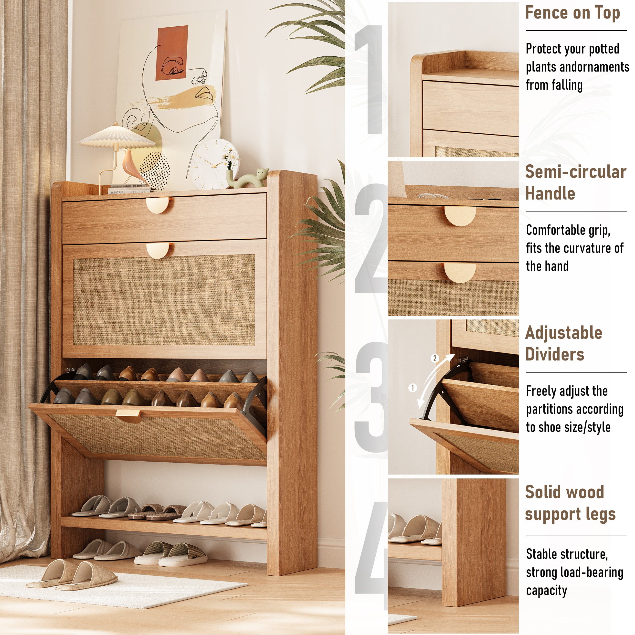 Shoe Cabinet with 2 Flip Drawers, Entryway Storage Organizer, Hidden Shoe Rack Narrow Freestanding Design Natural Oak
