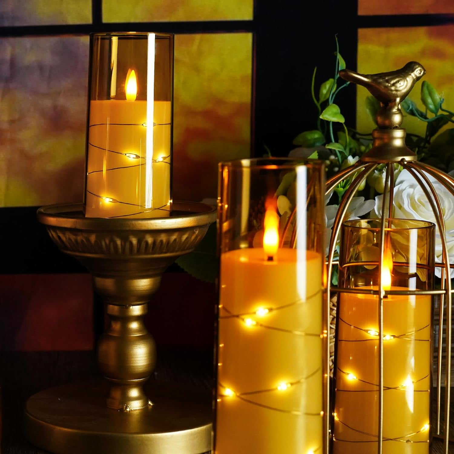 Flameless LED Candles with Timer 5 Pc Flickering Flameless Candles for Romantic Ambiance and Home Decoration Stable Acrylic Shell,with Embedded Star String，Battery Operated Candles