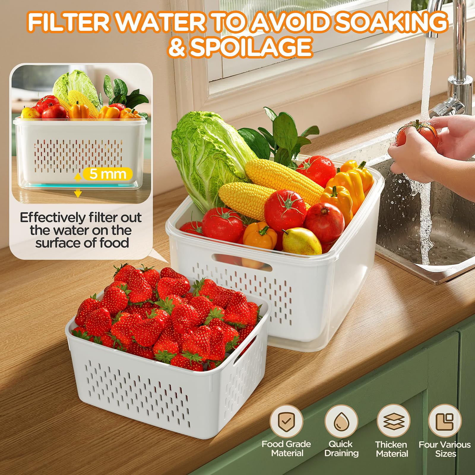 5-pack Fruit Storage Containers For Fridge With Removable Colanders  4 In 1 Produce Lids Leakproof Organizer Bins Salad Berry Lettuce Vegetables Meat Keeper Fresh