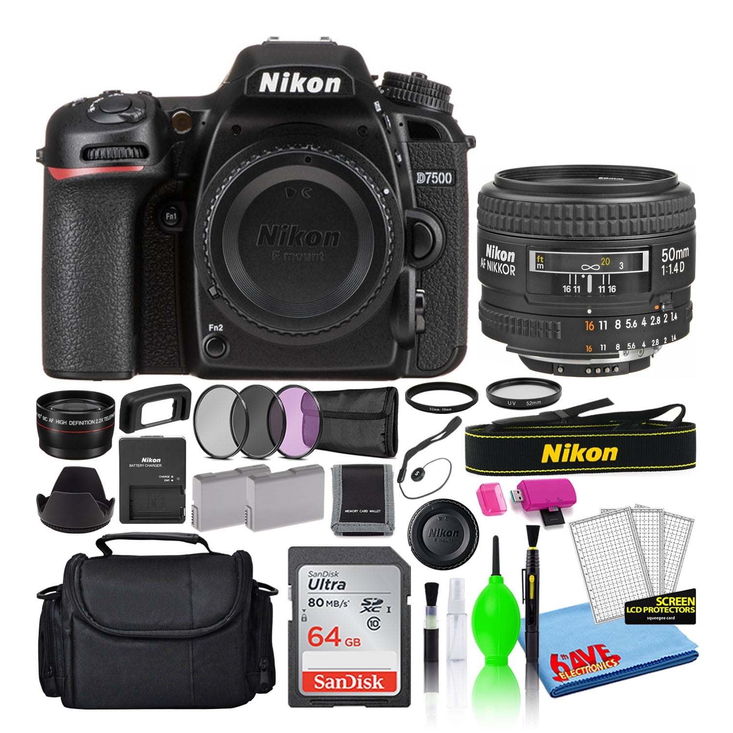 Nikon D7500 DSLR Camera Bundle with AF 50mm f/1.4D Lens 64GB SD Card Camera Bag Filter Kit Spare Battery & Telephoto Lens (International Model)