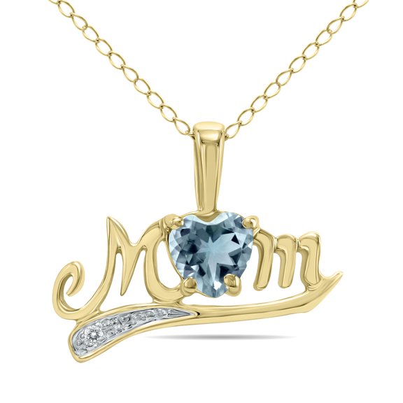 SZUL Women's Aquamarine and Diamond MOM Pendant in 10K Yellow Gold