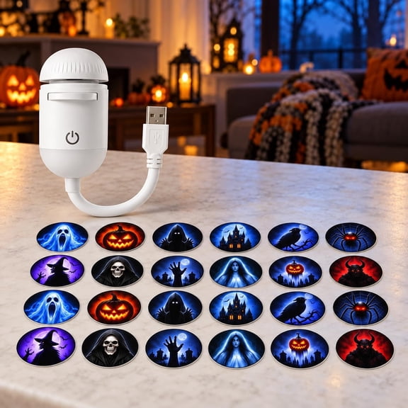 Halloween Car Window Projector with 12/24 Horror Slides, USB Powered 360° Rotating Ghost Projection Light (24 Pcs)