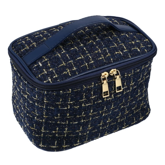 Vocoste Makeup Bag Cosmetic Travel Bag Case Woolen Large Makeup Bag Organizer Bag Plaid Pattern Navy Blue