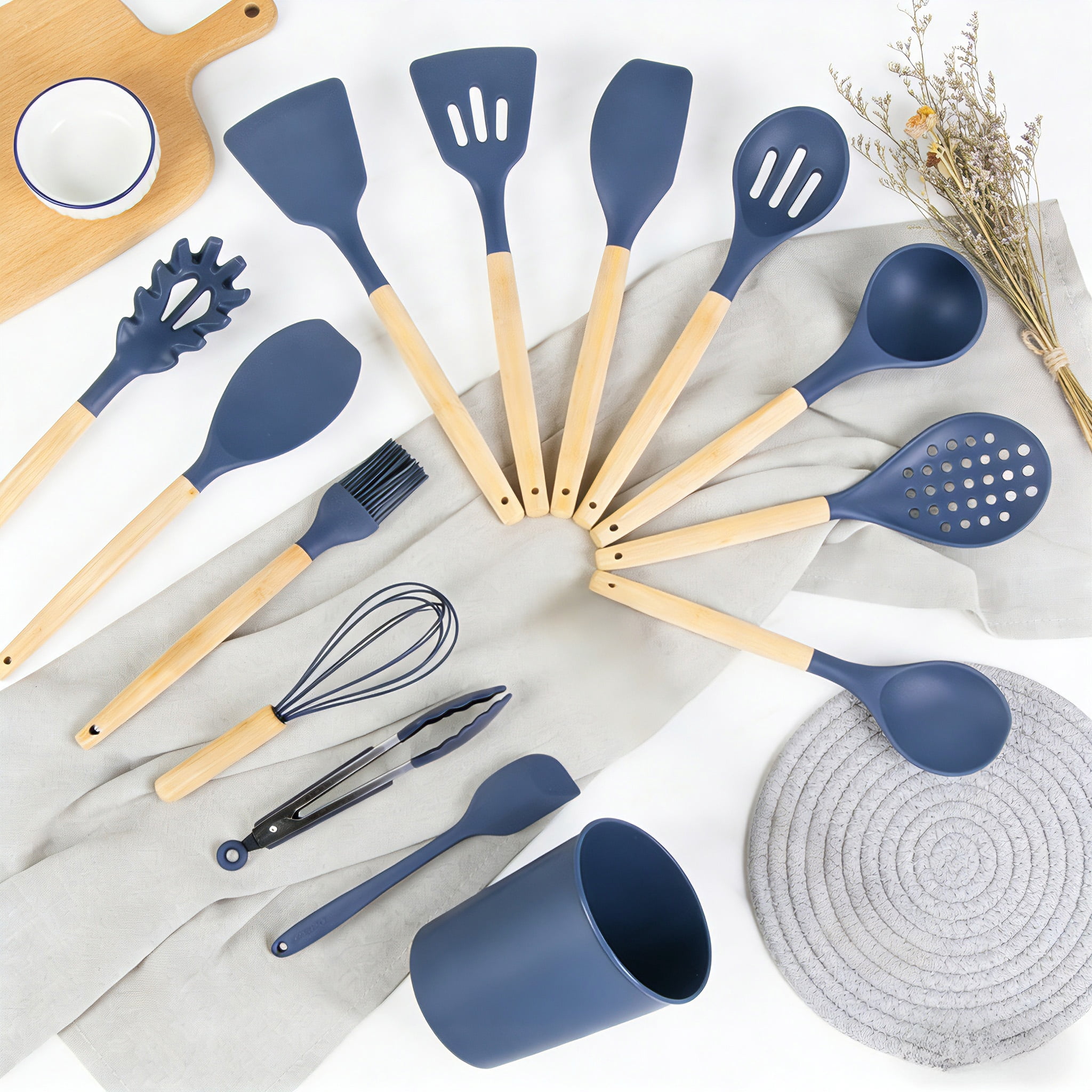 Mainstays Bamboo and Silicone Washed Indigo Gadgets Set, 14 pieces