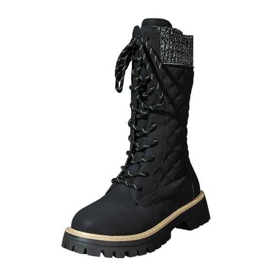 Dasayo Motorcycle Women's Boots Black Mid-Calf Chunky Stretchy Lace up Non Slip Round Toe Boots Shoes for Women 36