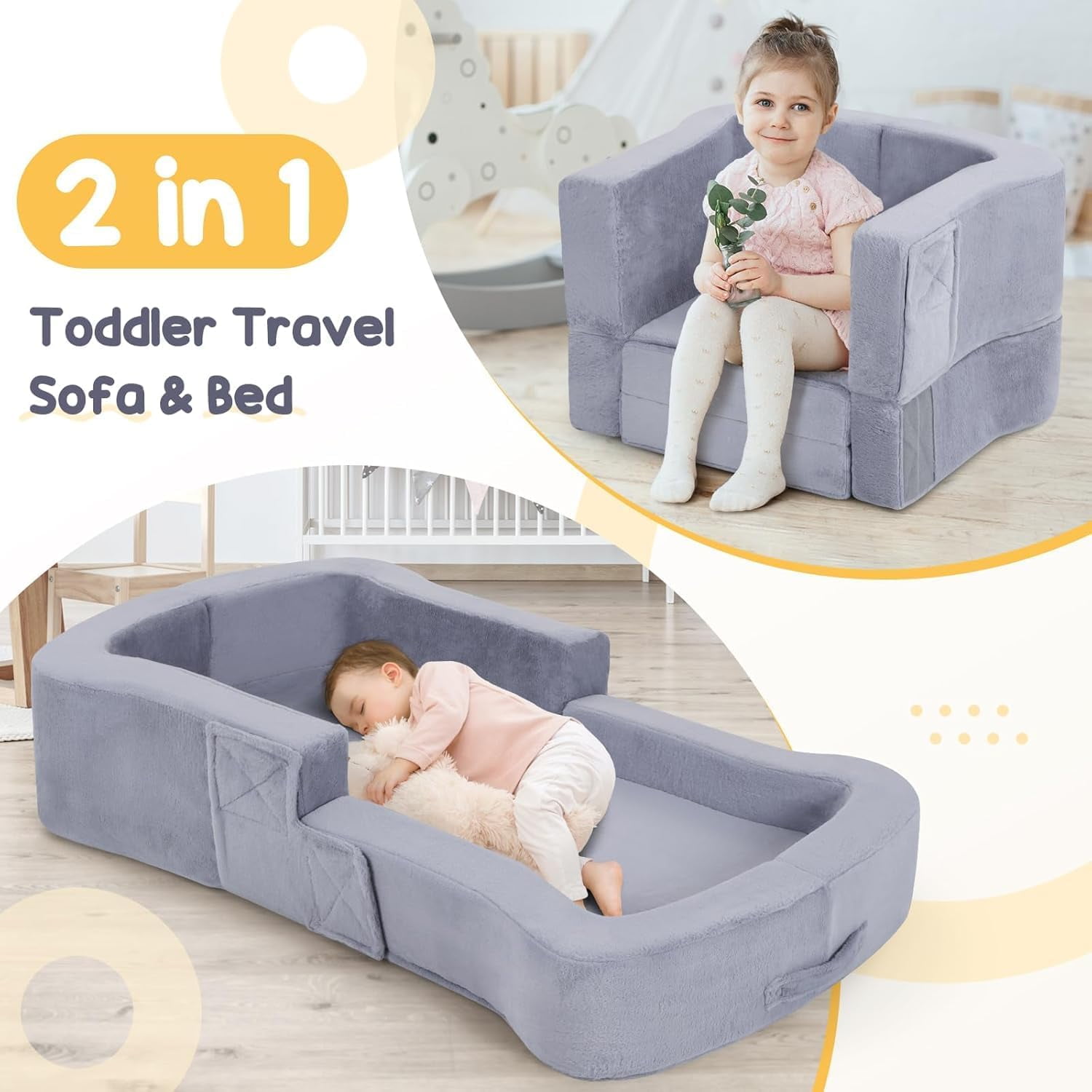 Toddler Travel Bed, 2-in-1 Foldable Portable Toddler Bed Sofa Chair, Soft Baby Kids Travel Floor Cot with Washable Covers Blue