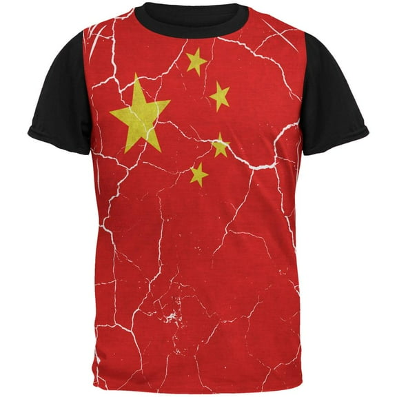 Distressed Chinese Flag All Over Mens Black Back T Shirt Multi SM