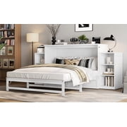 Mintazer Queen Size Murphy Bed with 6 Side Shelves & 2 Drawers, Modern Foldable Cabinet Bed for Bedroom Apartment Guest Room, White