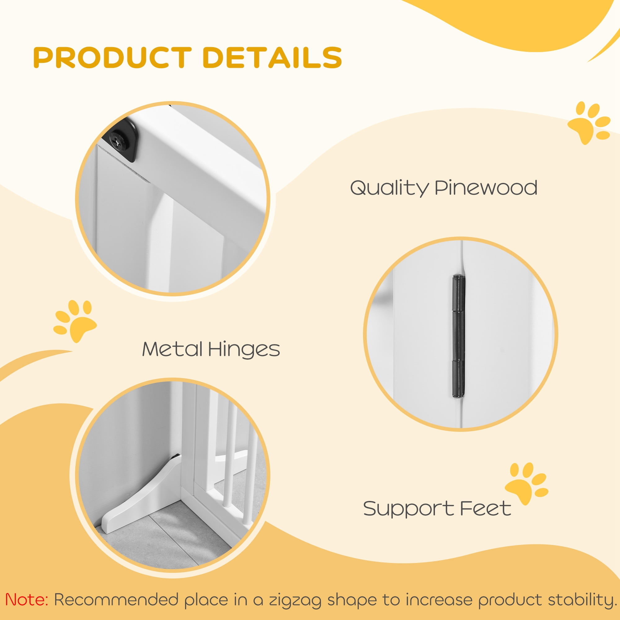 PawHut Wooden Freestanding Pet Gate Adjustable w/ Door Lock Safe Barrier White