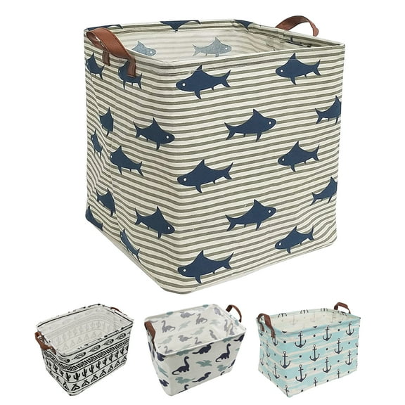 Howarmer Square Storage Basket, Collapsible Laundry Basket, Waterproof Canvas PE Coating Large Storage Bins Gift Baskets for Children, Office, Bedroom, Clothes,Toys - Blue Shark