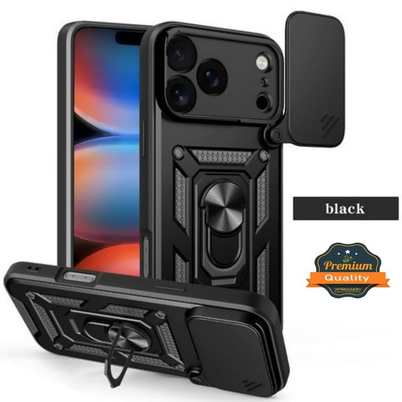 For Apple iPhone 17 Pro Max Heavy Duty Case with Magnetic Ring Stand & Sliding Camera Protector [Black]