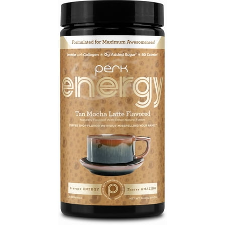 Perk Energy Original Tan Mocha Latte Flavored Drink Powder (20 Servings) - Gluten-Free, Peanut-Free, Soy-Free
