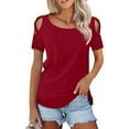 thumbnail image 2 of Swuxness Women Short Sleeve Casual T Shirts, Spring and Summer Tops, Ladies Crew Neck Solid Color Fashion Blouses Off Shoulder Pullover Tee Red, S, 2 of 4