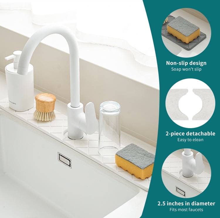 Faucet Mat for Kitchen Sink, 23.6"x 3.9" Diatomite Fast Drying Stone Sink, kitchen Sink Faucet Mat Splash Guard, Super Absorbent Faucet Mat, Faucet Mat for Kitchen Sink and Bathroom Counter (White)