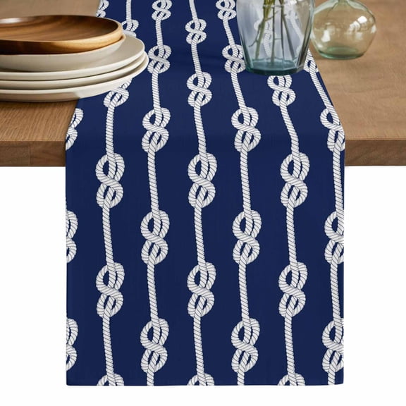 Navy Blue Knot Table Runner, Nautical Striped Monochrome Ocean Washable Cotton Linen Table Runners 60 Inches Long, Dresser Scarf Runner for Coffee/TV Stands/Kitchen/Cabinets 13''x60''