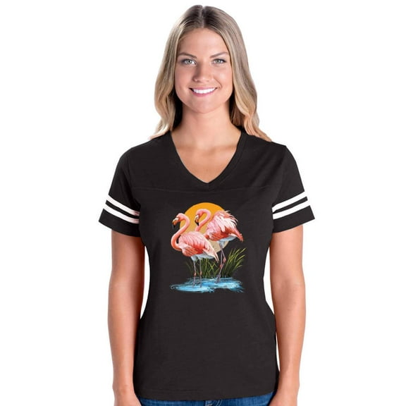Womens Flamingo Football V-Neck T-Shirt