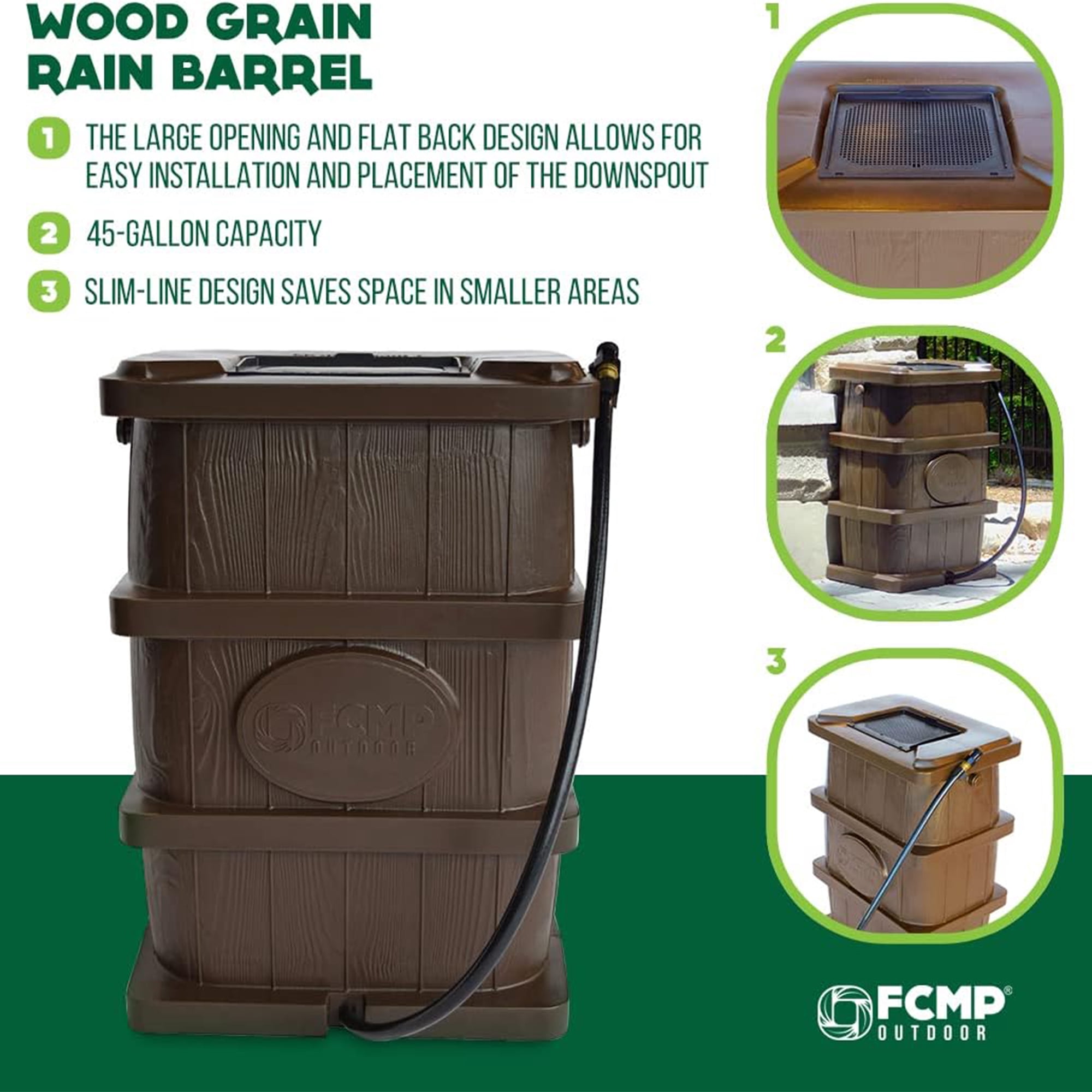 FCMP Outdoor WG4000-GRY Home Outdoor Wood Grain Rain Water Catcher Barrel